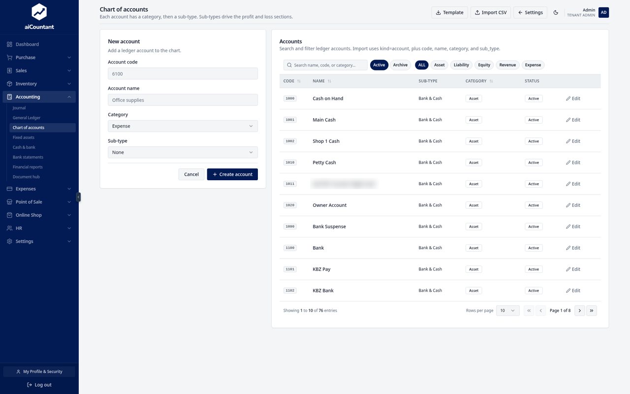 Chart of accounts in aiCountant