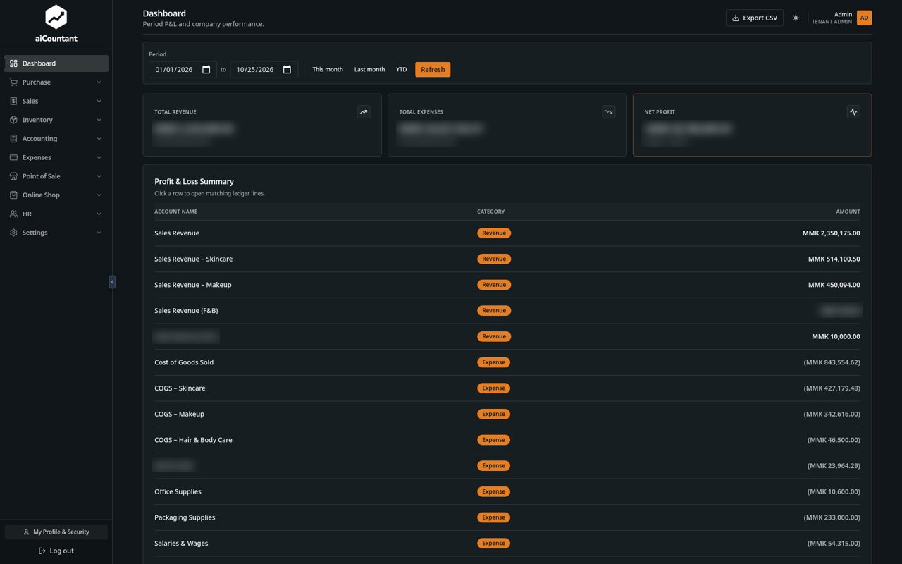 aiCountant dashboard in dark theme