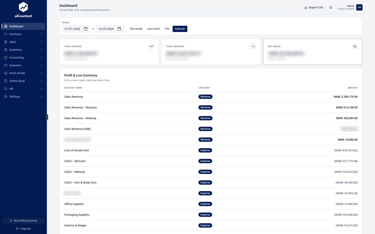 aiCountant dashboard with revenue, expenses, net profit and a profit and loss summary