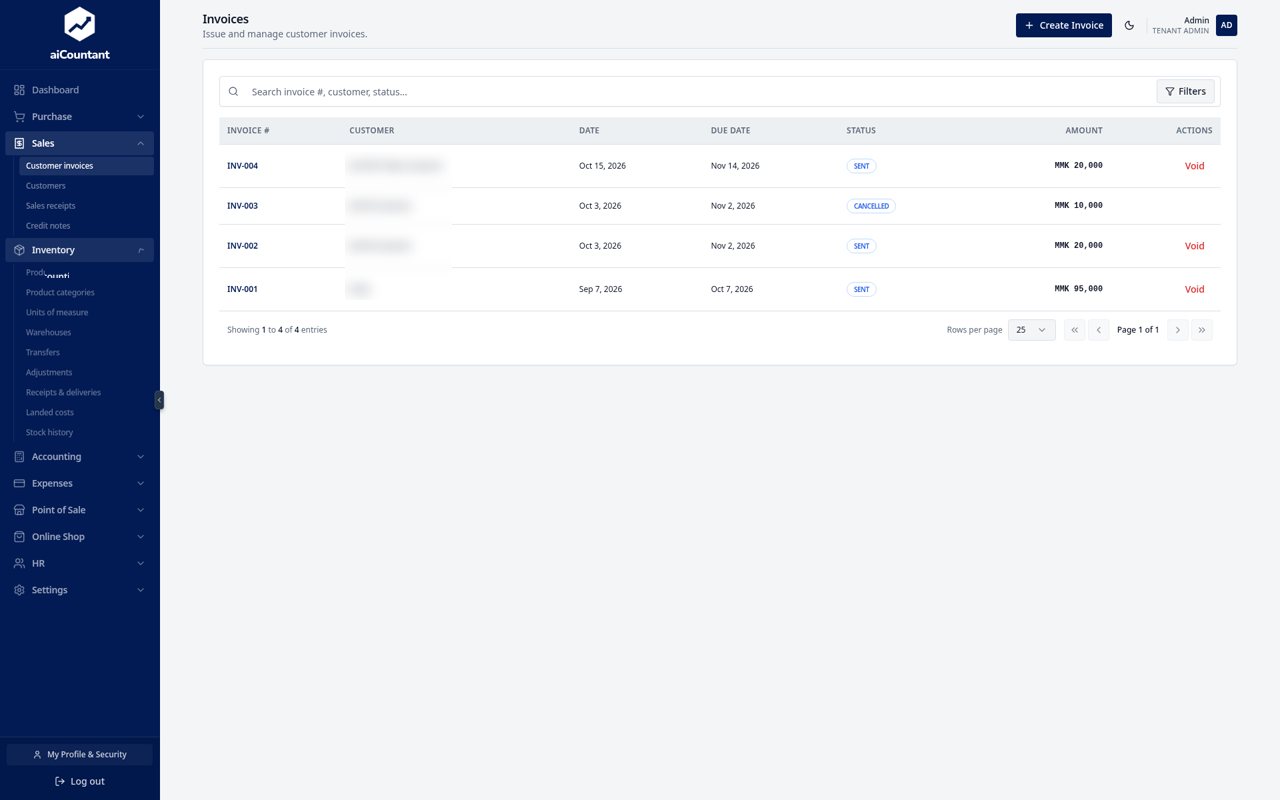 Sales invoices list in aiCountant