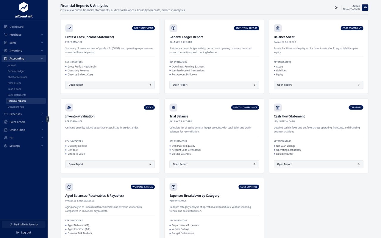 Financial reports hub in aiCountant: profit and loss, balance sheet, trial balance, cash flow and more