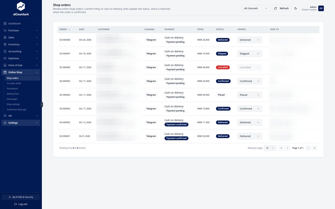 Online shop orders from Telegram with payment and delivery status in aiCountant (customer details blurred)